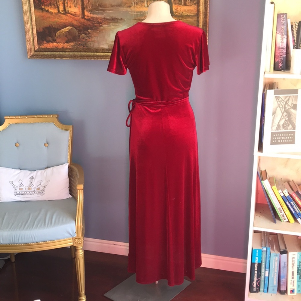 BHLDN red velvet short sleeves asymmetric wrap dress witchy goth fairy holidays - Picture 4 of 15